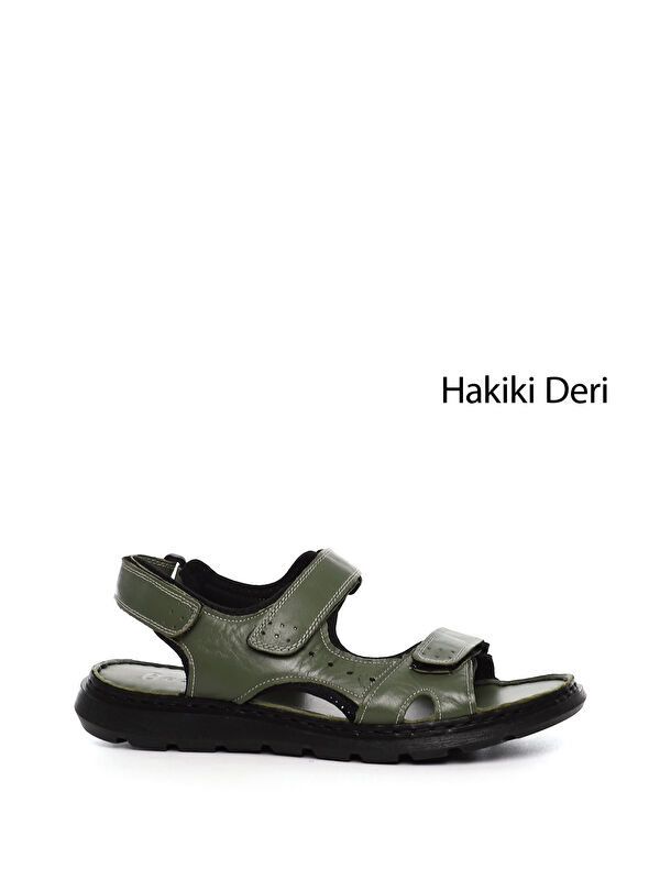 GÖNDERİ(R) Erkek HAKİ-YEŞİL Ayarlanabilir Cırt Bantlı Hakiki Deri Sandalet