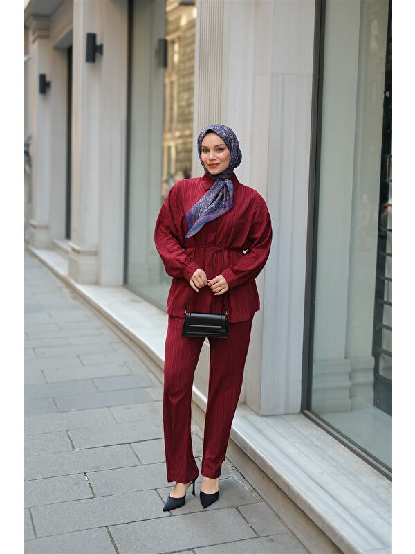 Locco Moda Kadın Krinkıl Kumaş Bel Bağlamalı Takım Bordo