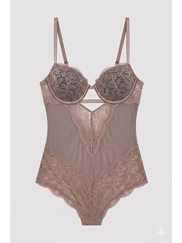 C&City Push Up Dantel Detaylı Bodysuit C15099 Vizon