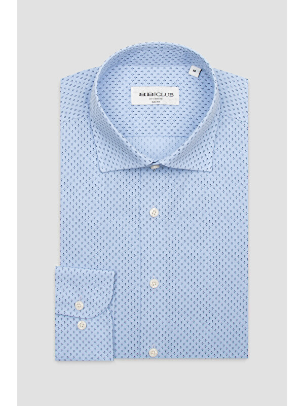 BB Club Oscar Poplin Pamuklu Slim Fit Açık Mavi Klasik Yaka Erkek Baskılı Gömlek