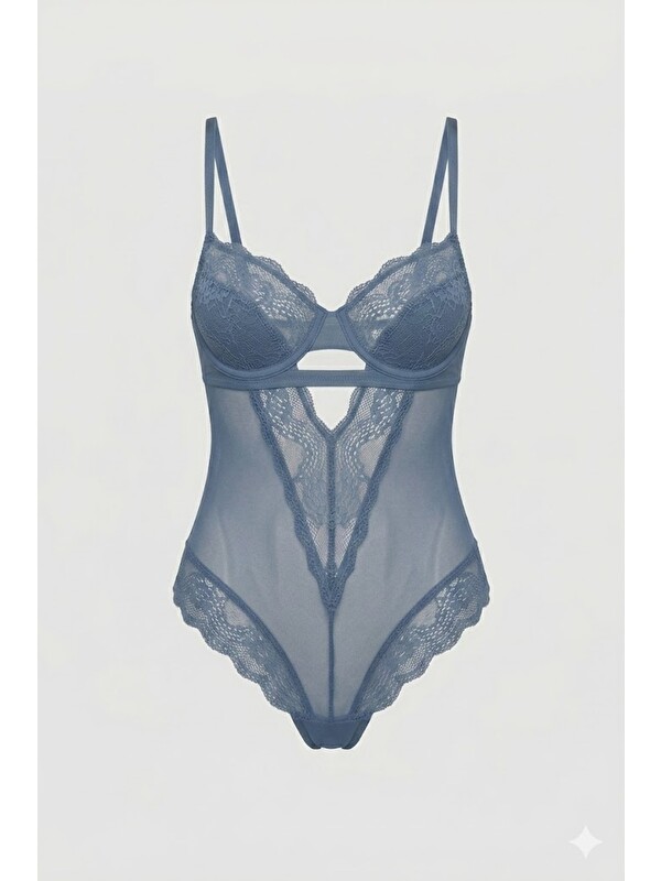 C&City Push Up Dantel Detaylı Bodysuit C15099 Mavi