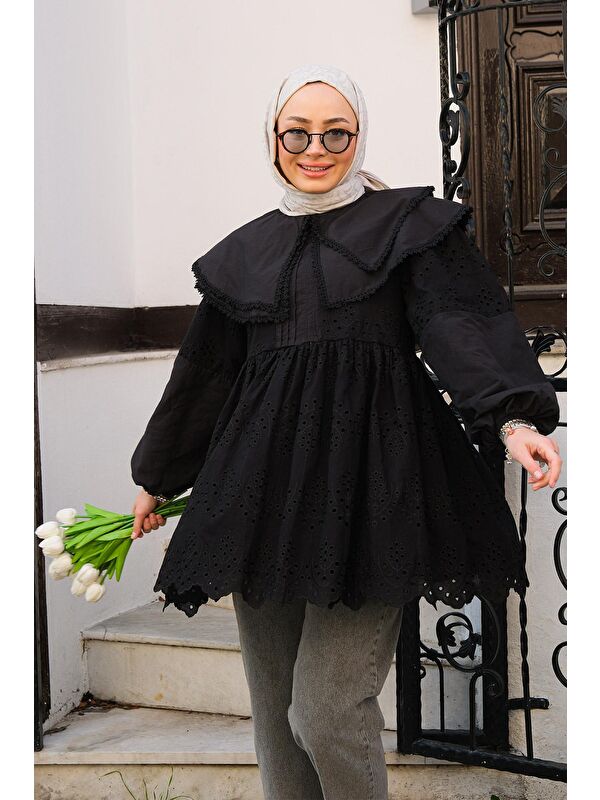 Locco Moda Bebe Yaka Dantel Detay Gömlek Siyah