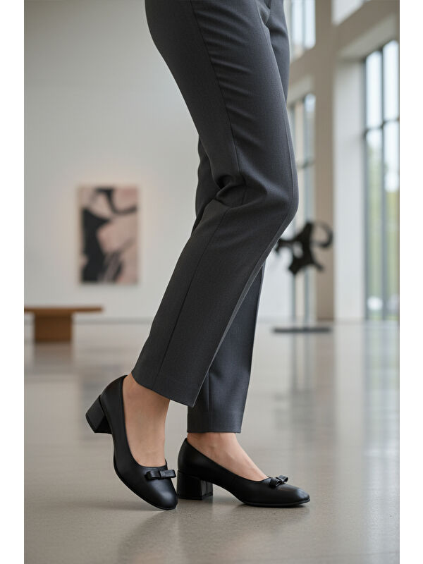 Siyah Cilt Fiyonk Kurdeleli Kadın Topuklu Ayakkabı 519081 Z - Görsel 4