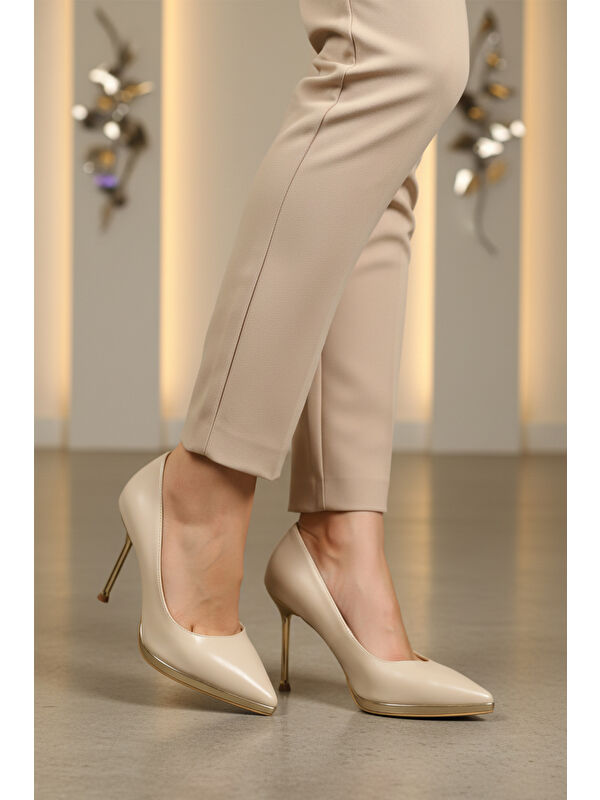 Bej İnce Uzun Topuklu Kadın Abiye Ayakkabı 448205 Z - Görsel 4