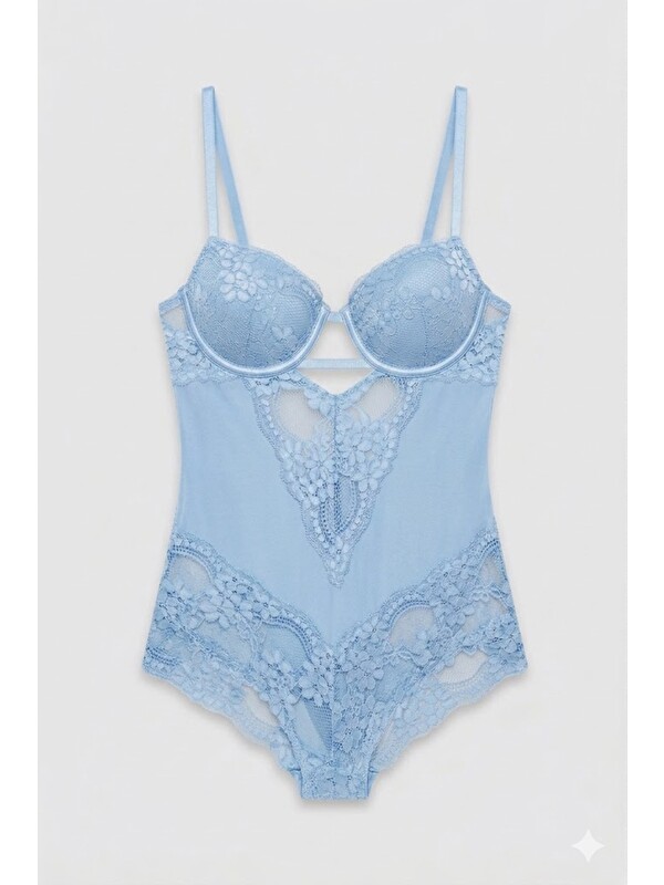 C&City Push Up Dantel Detaylı Bodysuit C15098 Mavi