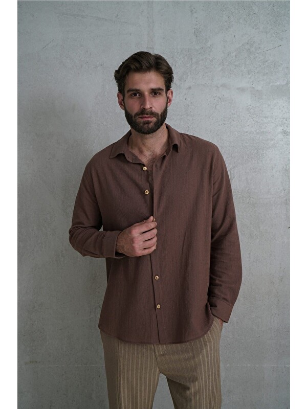 Mai Collection Wesley Erkek Oversize Krinkıl Kahve Gömlek