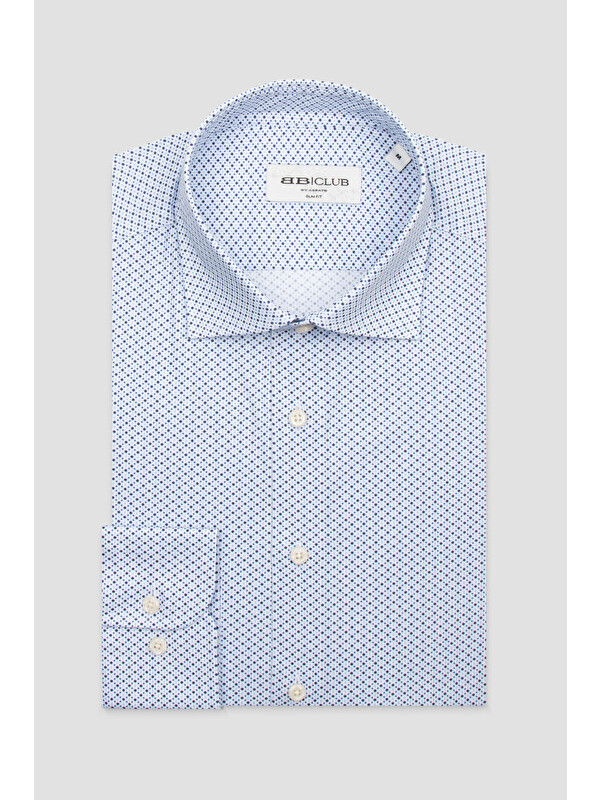 BB Club Oscar Poplin Stretch Pamuk Karışımlı Slim Fit Mavi Klasik Yaka Erkek Baskılı Gömlek