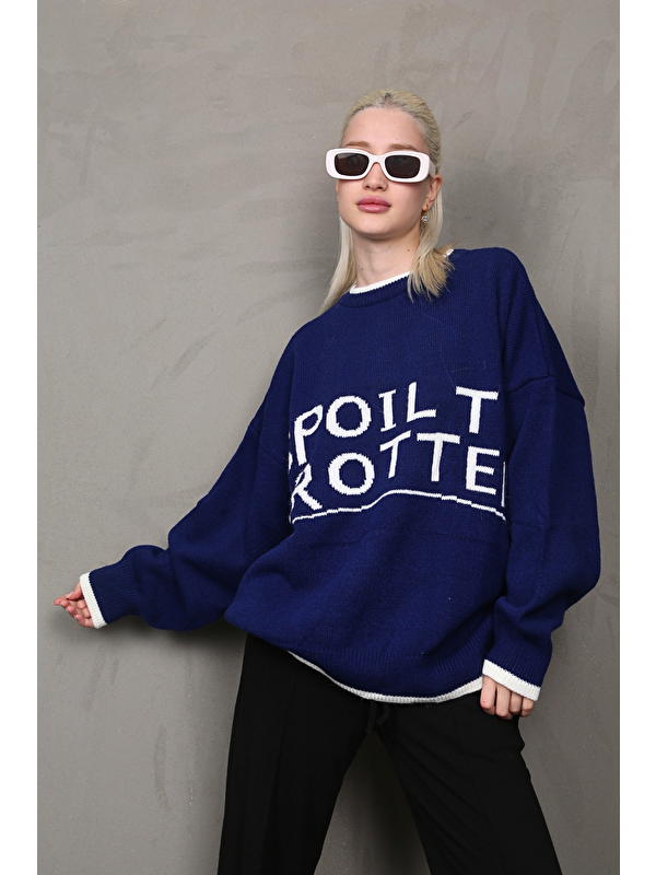 Madmext Saks Yazılı Oversize Bisiklet Yaka Kadın Kazak