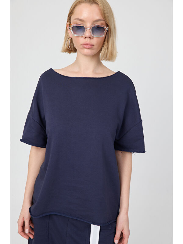 gothamVibes Kadın Blank Boxy Lacivert T-Shirt