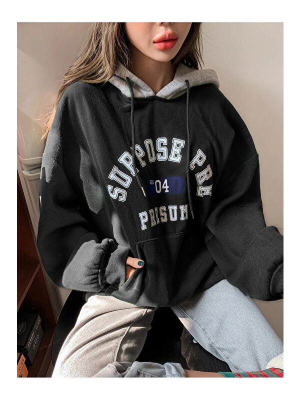 Trendseninle Kadın Siyah Suppose Baskılı Oversize Sweatshirt