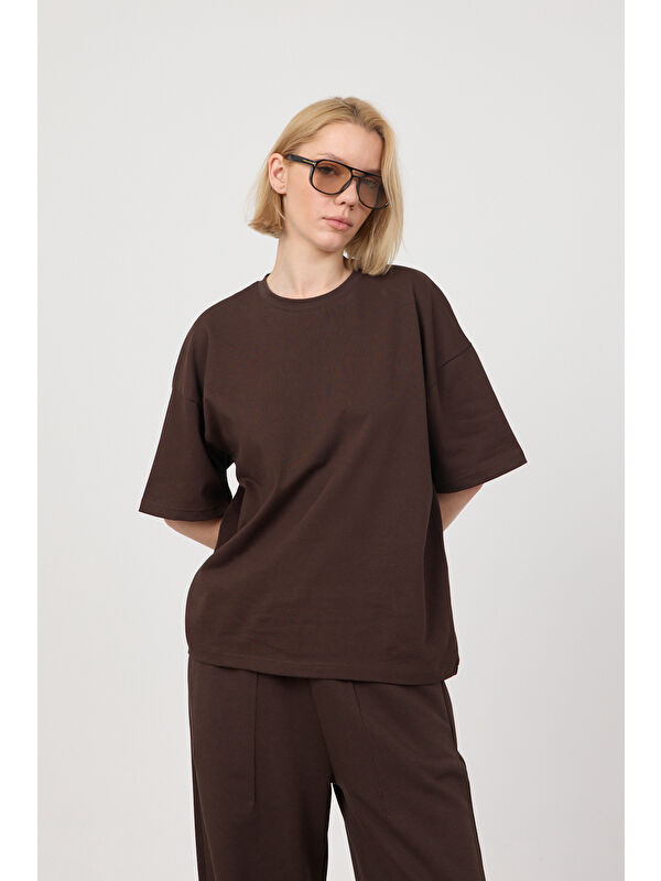 gothamVibes Kadın Chill Oversize Premium Kahverengi T-Shirt