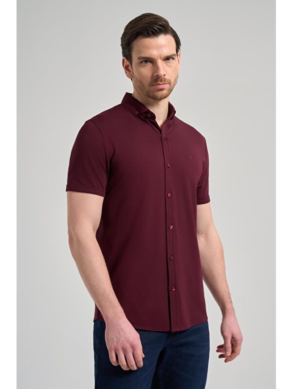 İMZA Bordo Kısa Kol Düz Örme İtalyan Yaka Düğmeli Cepsiz Pamuklu Classic Slim Fit Gömlek 1004250156_900
