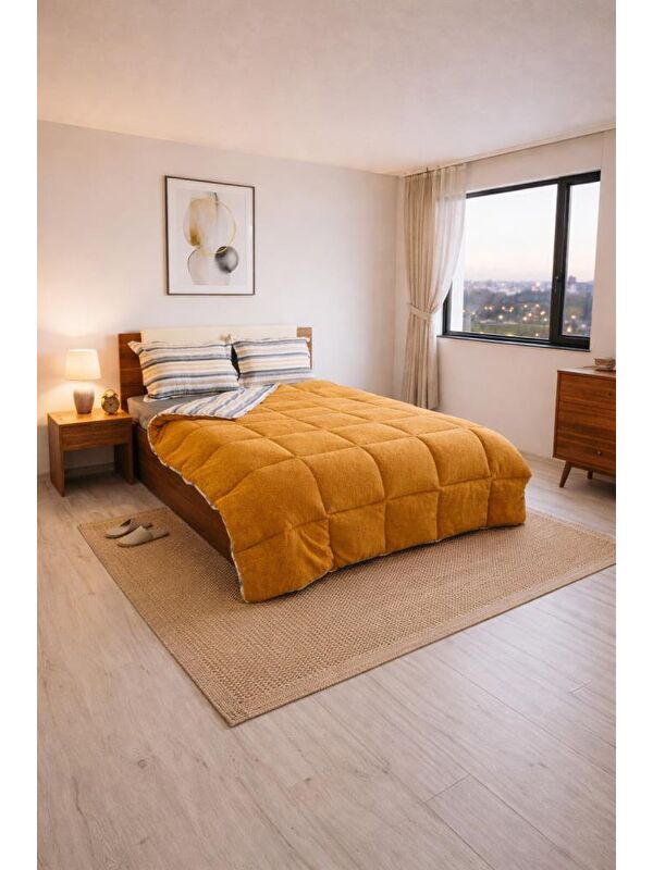 Çeyiz Diyarı Sherpa Pelüş Çift Kişilik Lastikli Çarşaflı Comforter Set Cappucino