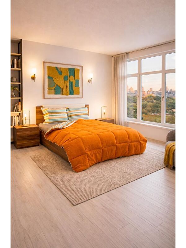 Çeyiz Diyarı Sherpa Pelüş Çift Kişilik Lastikli Çarşaflı Comforter Set Turuncu