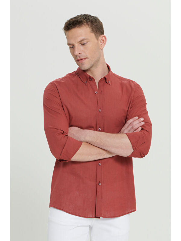 AC&Co / Altınyıldız Classics Erkek Bordo %100 Pamuk Oxford Slim Fit Dar Kesim Düğmeli Yaka Flamlı Gömlek