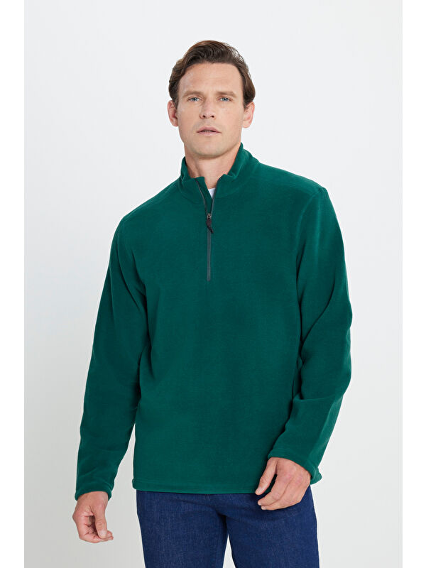 AC&Co / Altınyıldız Classics Erkek Yeşil Anti-Pilling Tüylenme Yapmayan Standart Fit Dik Yaka Polar Sweatshirt