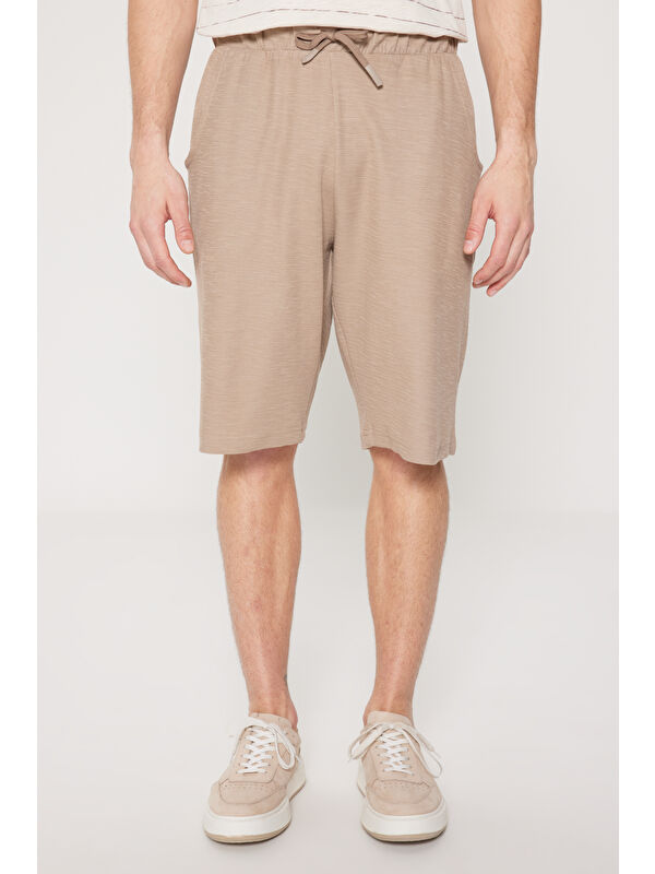 AC&Co / Altınyıldız Classics Erkek Bej-Kahve Standart Fit Normal Kesim Bisiklet Yaka Pamuklu Çizgili Pijama Takımı