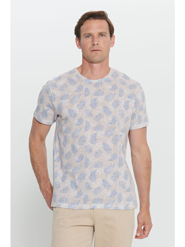 Altınyıldız Classics Erkek EKRU SAKS Slim Fit Dar Kesim Bisiklet Yaka Baskılı Tişört