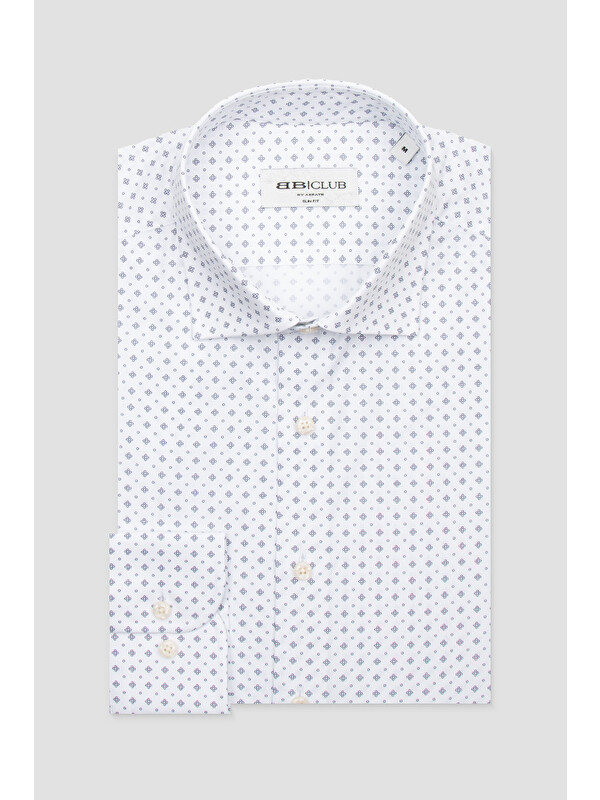 BB Club Oscar Poplin Pamuklu Slim Fit Beyaz Klasik Yaka Erkek Baskılı Gömlek