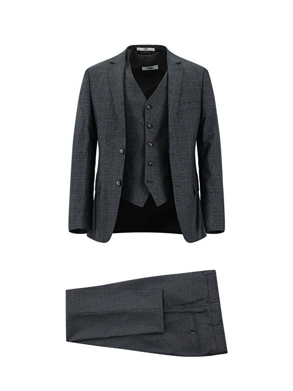 Kiğılı Super Slim Fit Ekstra Dar Kesim Ekose Yelekli Kombinli Takım Elbise