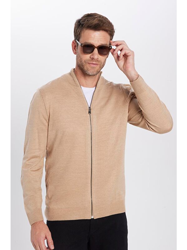 TUDORS Unisex Slim Fit Dar Kesim Bej Dik Yaka Fermuarlı Düz Hırka
