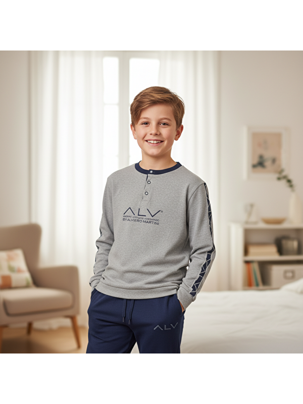 Bonbon Genç Erkek Pamuklu Gri Melanj - Lacivert Renk Pijama Takımı Al003 V2 Bb2435