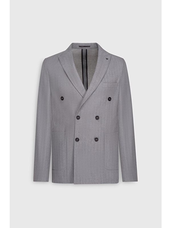 AC&Co / Altınyıldız Classics Erkek Gri Yünlü Slim Fit Dar Kesim Kırlangıç Yaka Çizgili Torba Cepli Ceket