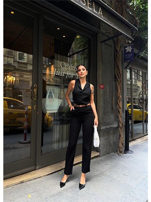 Jane's KETEN DUBLE PAÇA DERİ TABA KEMERLİ PANTOLON - Siyah