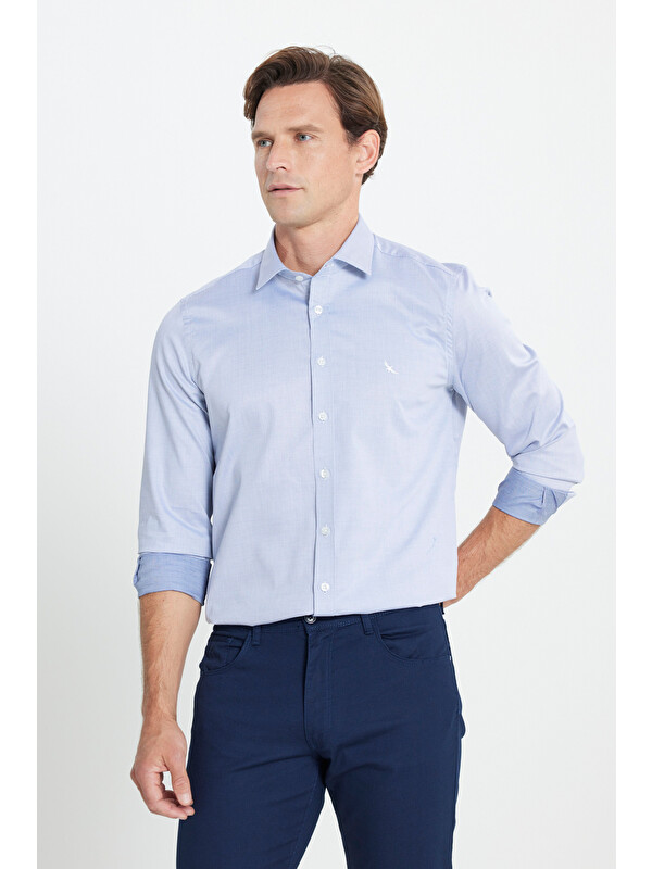 Altınyıldız Classics Erkek Açık Mavi %100 Pamuk Slim Fit Dar Kesim Armürlü Gömlek