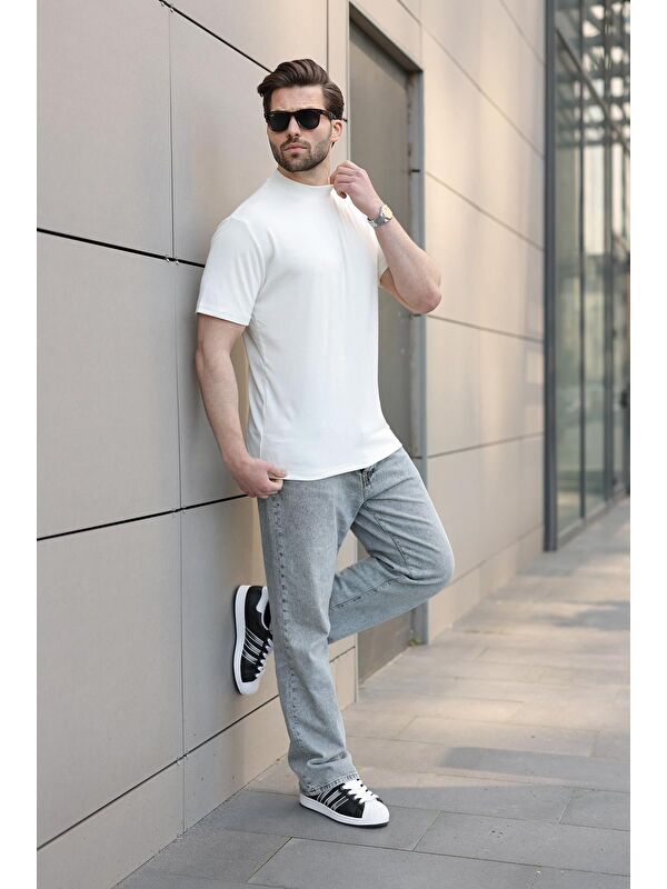 Madmext Ekru Bisiklet Yaka Basic Erkek T-Shirt E7113