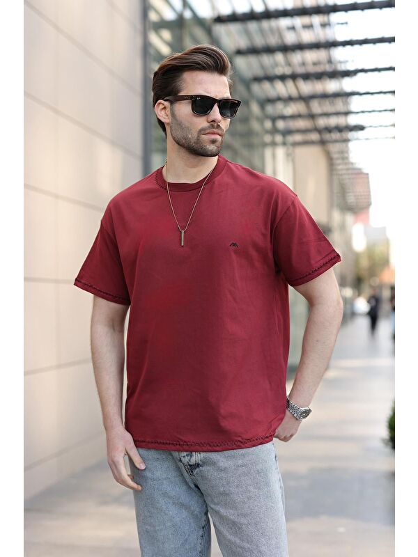 Madmext Bordo Nakış Detaylı Erkek T-Shirt E7112