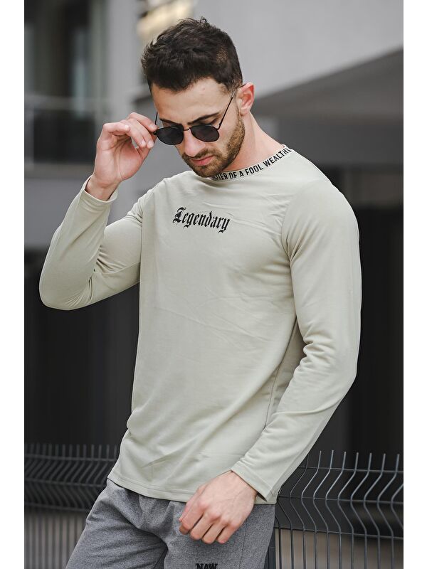 Oksit Yakası Baskılı Slim Fit Likralı Sıfır Yaka Erkek Sweatshirt