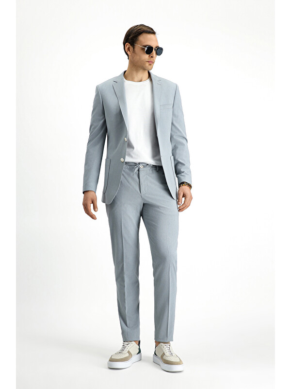 Kiğılı Super Slim Fit Ekstra Dar Kesim Çizgili Beli Lastikli İpli Gofre Takım Elbise