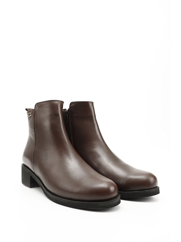 Kadın ORTA KAHVERENGİ Fermuarlı Kalın Topuklu Hakiki Deri Bot - Görsel 3