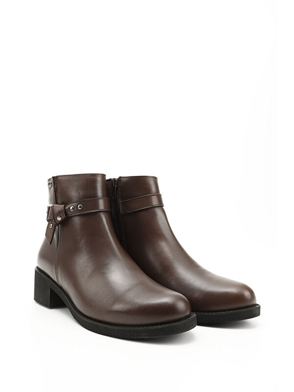 Kadın ORTA KAHVERENGİ Fermuarlı Kalın Topuklu Hakiki Deri Bot - Görsel 3