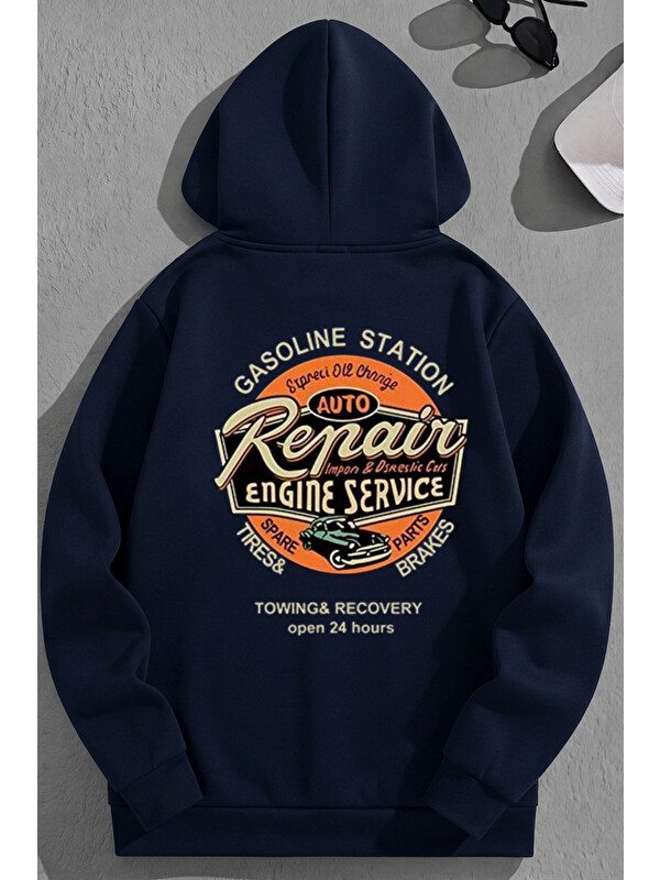 Trendseninle Unisex 3 İplik Pamuklu Lacivert RepairES Baskı Bol Kalıp Sweatshirt Hoodie