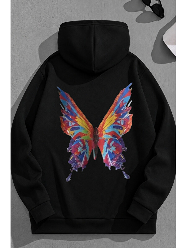 Trendseninle Unisex 3 İplik Pamuklu Siyah RenkliKelebek Baskı Bol Kalıp Sweatshirt Hoodie