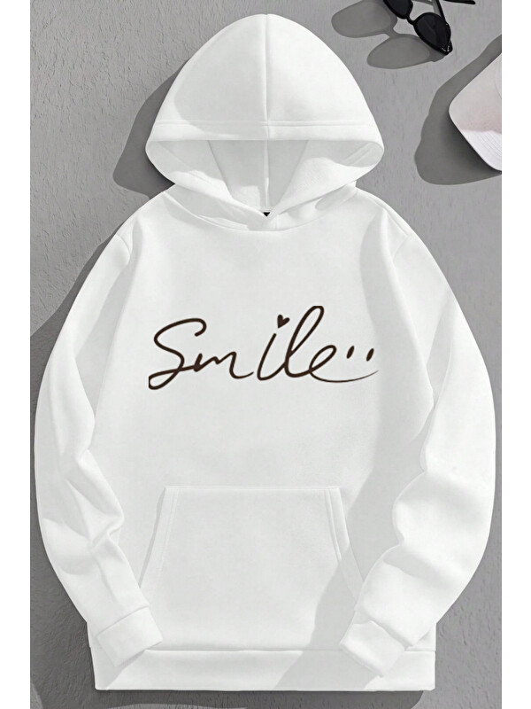 Trendseninle Unisex 3 İplik Pamuklu Beyaz Smile Baskı Bol Kalıp Sweatshirt Hoodie