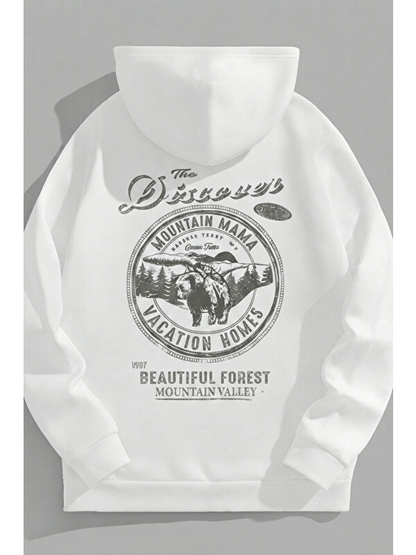 Trendseninle Unisex 3 İplik Pamuklu Beyaz TheDiscovery Baskı Bol Kalıp Sweatshirt Hoodie