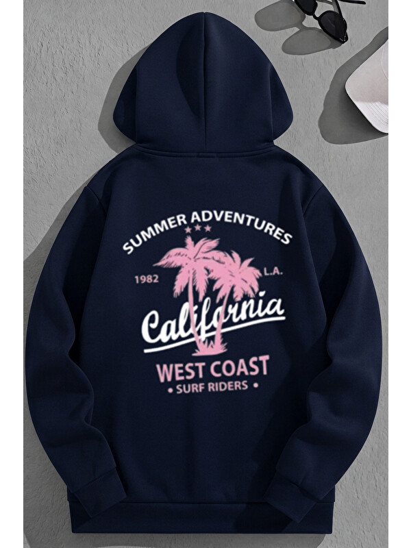 Trendseninle Unisex 3 İplik Pamuklu Lacivert SAcalif1982 Baskı Bol Kalıp Sweatshirt Hoodie