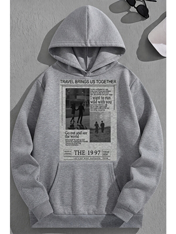 Trendseninle Unisex 3 İplik Pamuklu Gri The1997Gazete Baskı Bol Kalıp Sweatshirt Hoodie