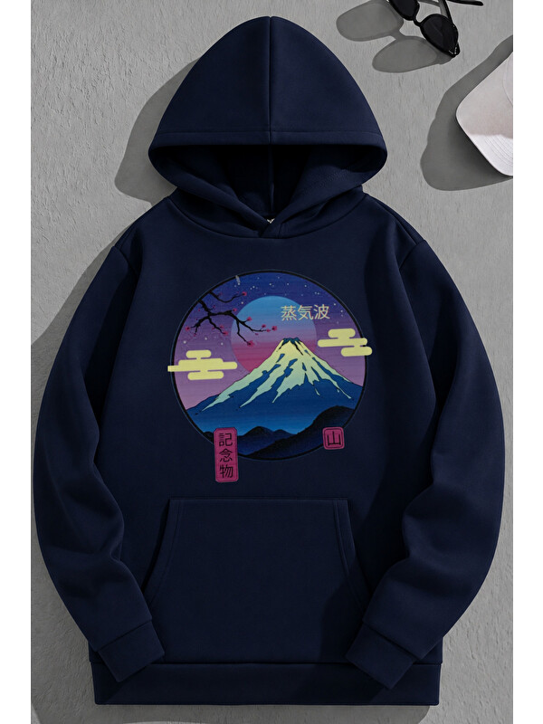 Trendseninle Unisex 3 İplik Pamuklu Lacivert Sakura Baskı Bol Kalıp Sweatshirt Hoodie