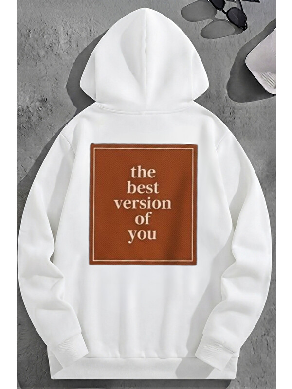 Trendseninle Unisex 3 İplik Pamuklu Beyaz TheBest Baskı Bol Kalıp Sweatshirt Hoodie