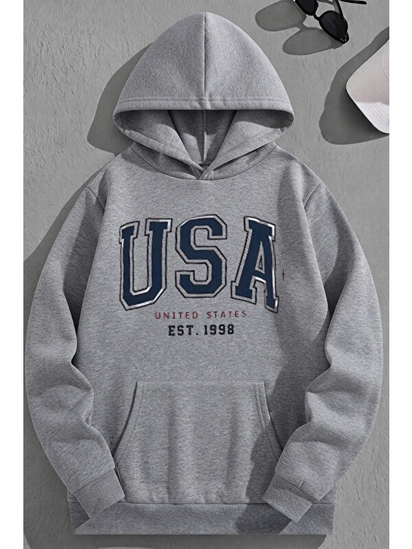 Trendseninle Unisex 3 İplik Pamuklu Gri USA1998 Baskı Bol Kalıp Sweatshirt Hoodie