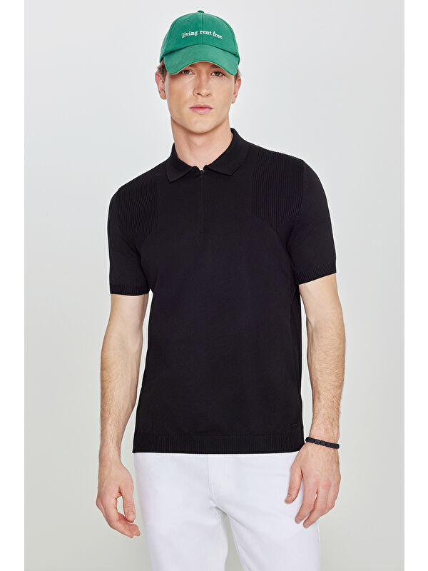 Altınyıldız Classics Erkek Siyah Standart Fit Normal Kesim Polo Yaka Jakarlı Triko Tişört