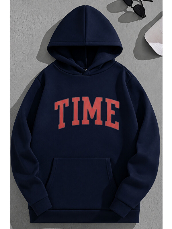 Trendseninle Unisex 3 İplik Pamuklu Lacivert TIME Baskı Bol Kalıp Sweatshirt Hoodie