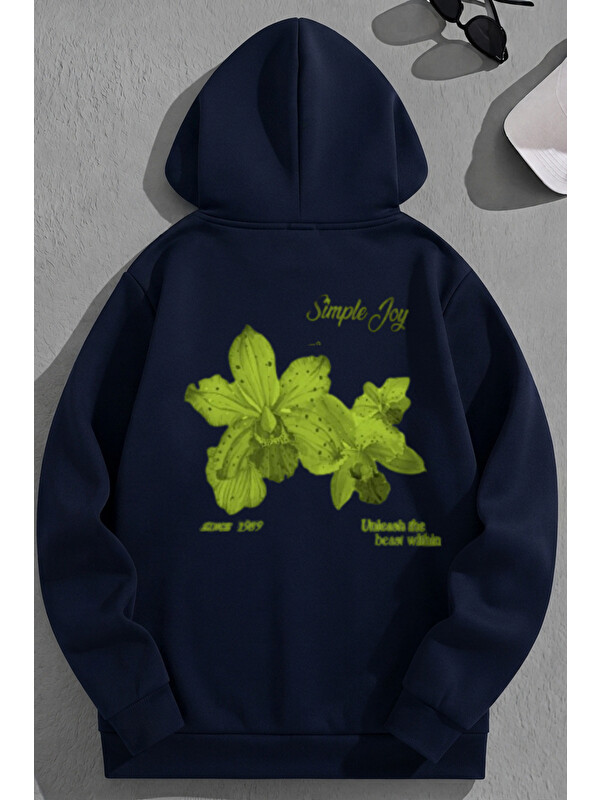 Trendseninle Unisex 3 İplik Pamuklu Lacivert SimpleJoy Baskı Bol Kalıp Sweatshirt Hoodie
