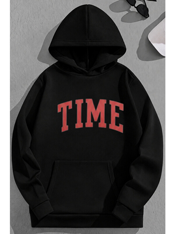 Trendseninle Unisex 3 İplik Pamuklu Siyah TIME Baskı Bol Kalıp Sweatshirt Hoodie