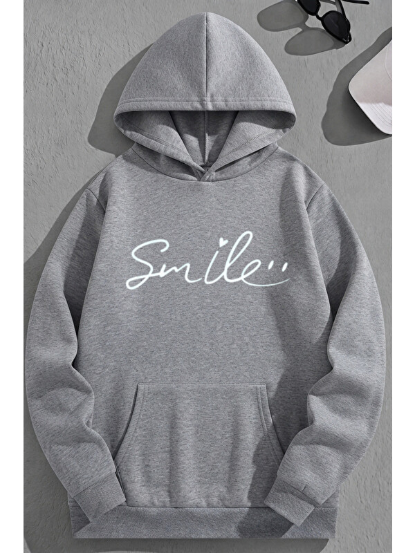 Trendseninle Unisex 3 İplik Pamuklu Gri Smile Baskı Bol Kalıp Sweatshirt Hoodie