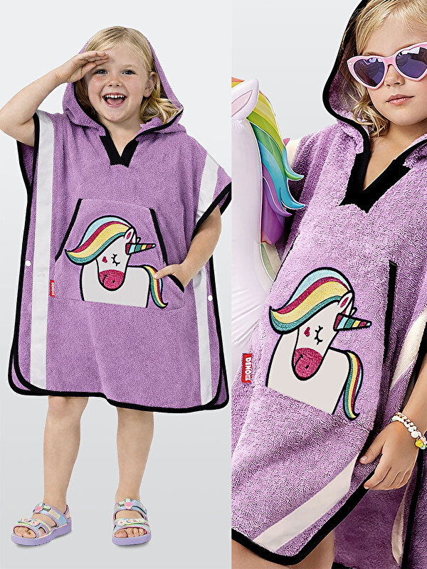 Denokids Lila Kız Çocuk Panço Bornoz